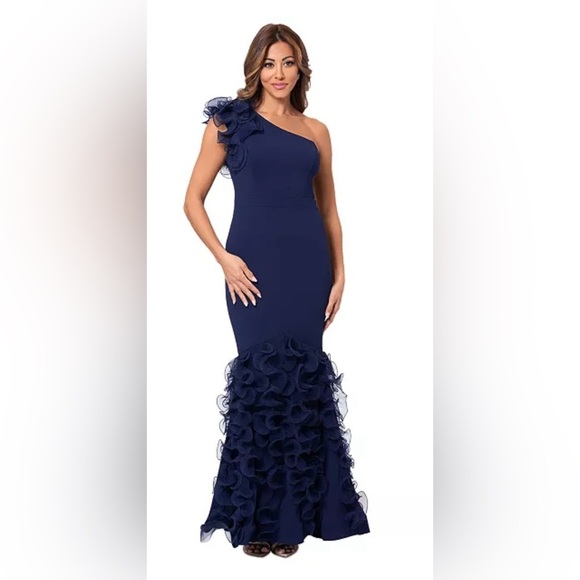 XSCAPE Navy Blue Ruffled One-Shoulder Gown Maxi Dress - Picture 1 of 7
